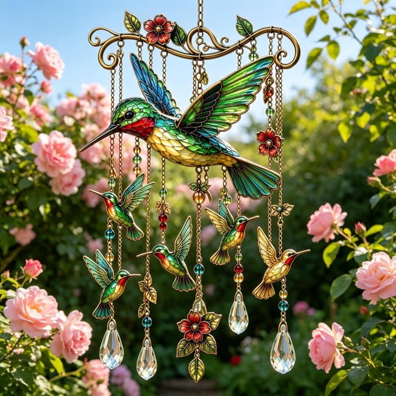 WEEEANT Hummingbird Wind Chime with Crystal Pendants, Metal Bird Suncatcher for Outdoor Garden Decor, Hanging Ornament for Patio Porch