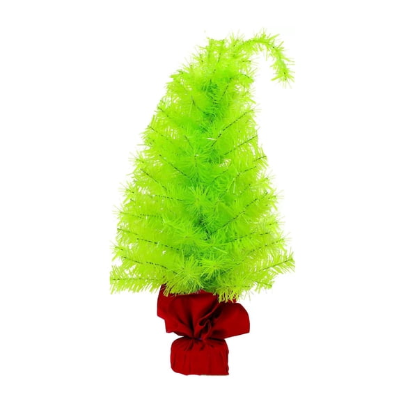 WEEEANT Mini Artificial Christmas Tree, 18 in Tabletop Neon Green Bent Top Tree with Red Base, Pre-lit Glowing Holiday Desktop Decor for Home Office
