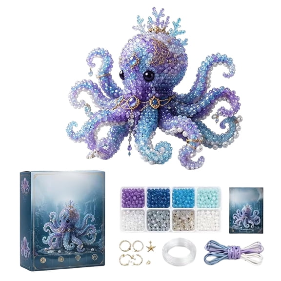 WEEEANT Mythical Ocean Series Octopus DIY Bead Kit 3D Purple and Blue Octopus Embroidery Set with Crystal Crown for Home Crafting Projects