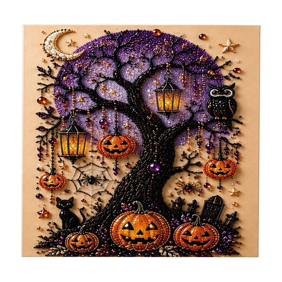 WEEEANT Pearl Painting Kit with Frame, Halloween Spooky Tree and Pumpkin Patch DIY Crystal Art Project for Festive Decor, 8x8 in