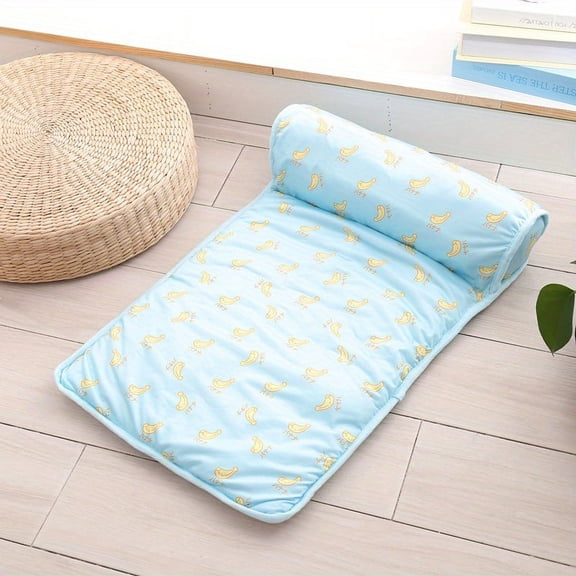 WEEEANT Pet Cooling Mat with Bolster Pillow for Dogs and Cats, Summer Sleep Bed for Indoor Use, Banana Pattern, Blue, Small, Portable Travel Mat for Pets