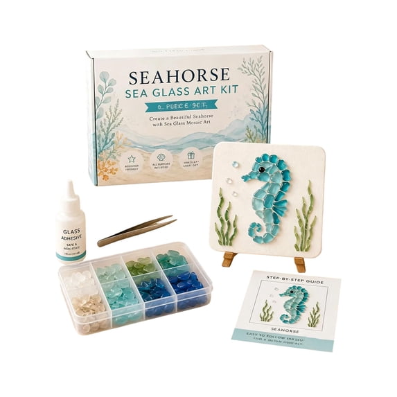 WEEEANT Seahorse Sea Glass Art Kit DIY Mosaic Craft Set with Sea Glass Adhesive, Canvas, Easel and Step-by-Step Guide for Coastal Home Decor