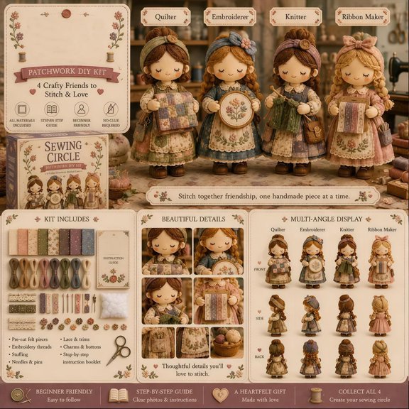 WEEEANT Sewing Circle Patchwork DIY Kit, Crafty Hobbyist Figure Sewing Set with 4 Maker Friends, Beginner Hand-Stitched Felt Crafting Material and Guide