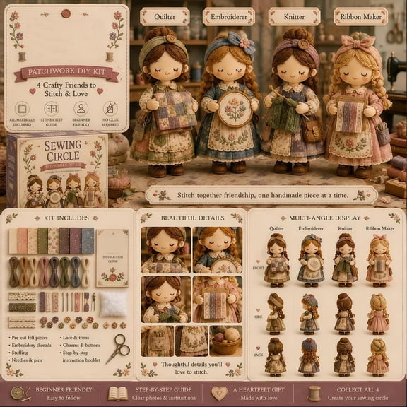 WEEEANT Sewing Circle Patchwork DIY Kit, Creative Craft Themed Hand-Stitched Fabric Fairy Doll Set with Mini Quilting and Embroidery Accessories