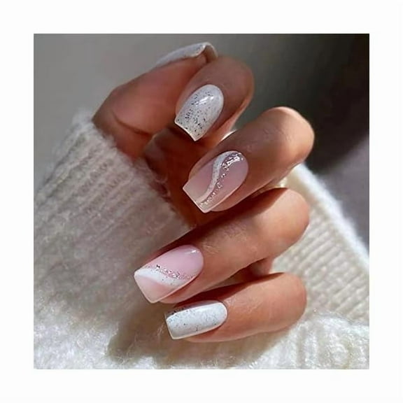 WEEKS 24 Pcs Press on Nails Medium Square White Fake Nails Glossy False Nails with Glitter White Waves Designs Full Cover Stick on Nails Nude Pink Acrylic Nails for Women Girls Manicure Decorations