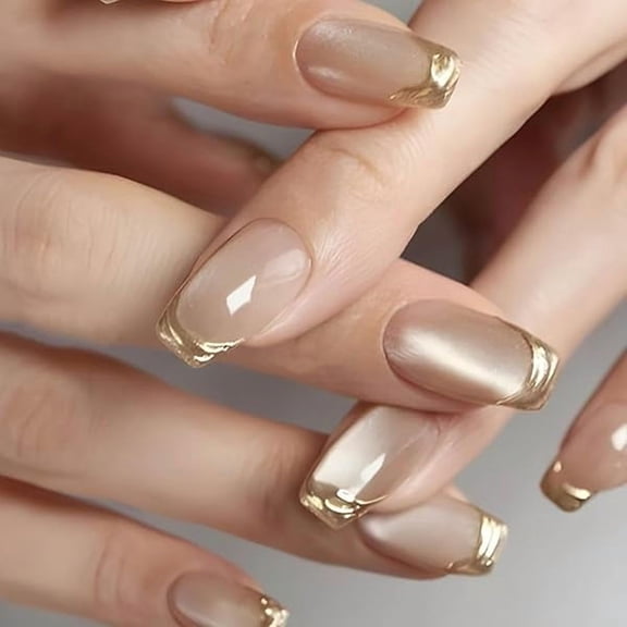 WEEKS 24Pcs-Short Square Press on Nails - French Cat's Eye False Nails | Glossy Bling Fake Nails for Women Elegant & Durable Artificial Nails for Instant Manicure