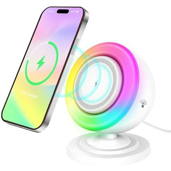 WEEKS 4 in 1 Bluetooth Speaker with 15W Magnetic Wireless Charger,Bedside Night Light,Touch Dimmable RGB Lights & Phone Stand for iPhone,Samsung,Android Device,(White)