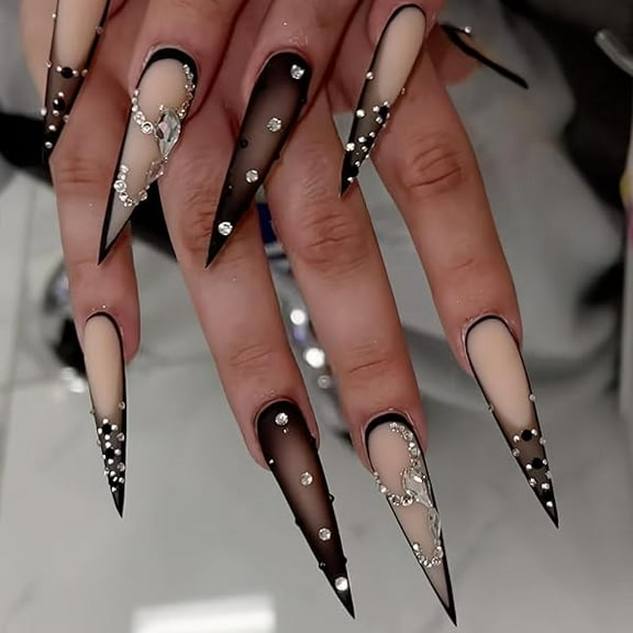 WEEKS Black Press on Nails Long Stiletto Fake Nails with French Tips Designs Luxury Rhinestone Bling Acrylic Nails Stick on Nails Sharp Goth Black Ombre False Nails for Women Girls Nail Decor 24Pcs