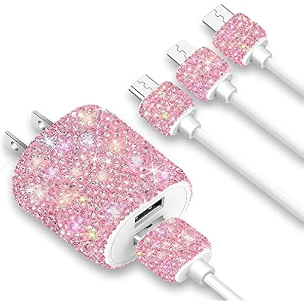 WEEKS Bling USB Wall Charger with Charging Cable,Fast Block for iPhone Android,3 in 1 Multi Cable Micro USB Type C Multiple USB Cord with Crystal Decor,Cell Phone Accessories for Women,Girls (Pink)