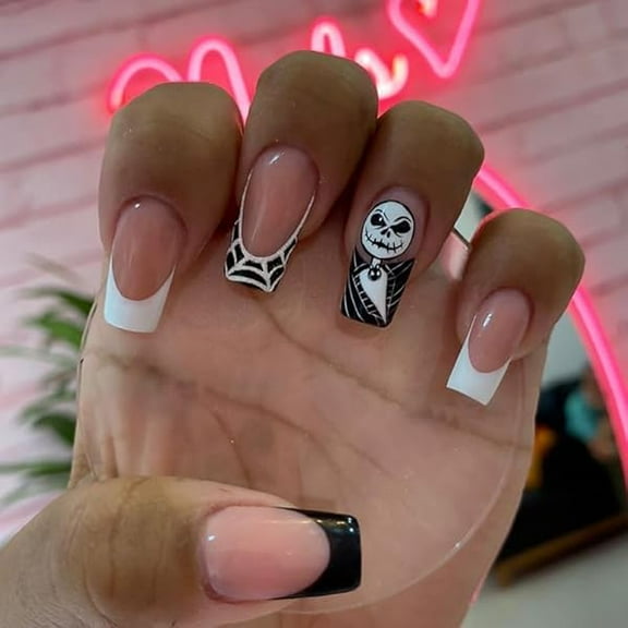 WEEKS Halloween Medium Press on Nails Coffin Fake Nails with Black Spider Ghost Designs Glossy Acrylic Glue on Nails Full Cover Stick on Nails Artificial False Nails for Women 24Pcs
