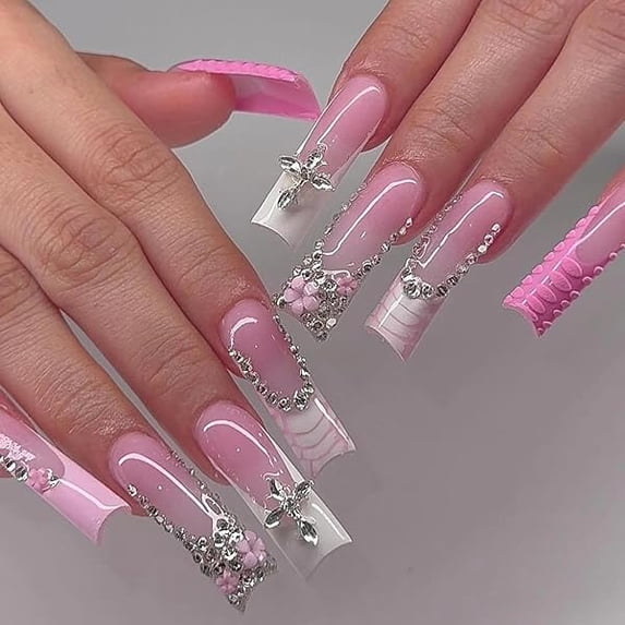WEEKS Press on Nails Long Square Fake Nails Glossy Glue on Nails Pink French Tip Acrylic Nails Squoval Artificial Nails Rhinestone Stick on False Nails with Design 24 pcs