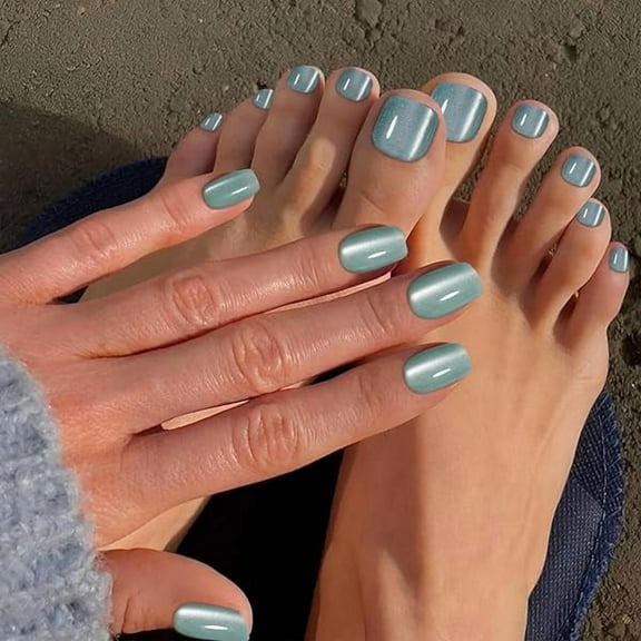 WEEKS Sky Blue Cat Eye Press on Nails Toenails Set, 30Pcs Short Square Jelly Glass Translucent Magnetic Gel Fake False Nails, 24Pcs Glossy Reusable Natural Fit Full Cover Stick on Toenail for Women