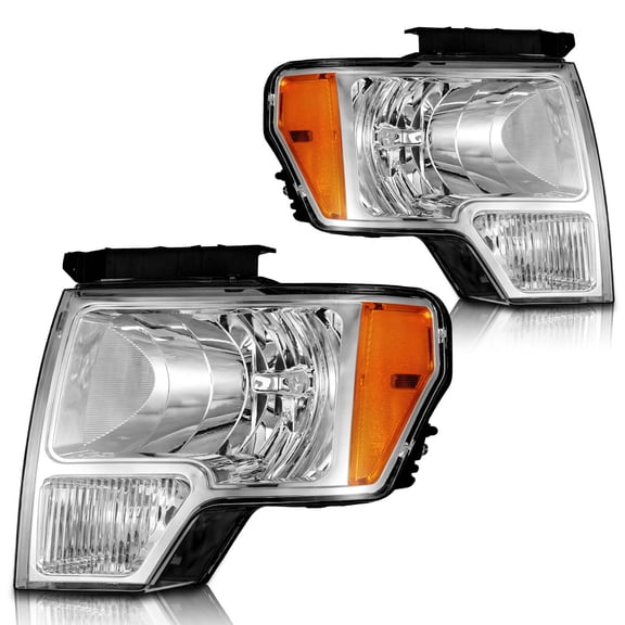 WEELMOTO For 2009-2014 Ford F-150 Headlights Assembly for 2009 2010 2011 2012 2013 2014 F-150 Headlamp Replacement Headlight Assemblies Chrome Housing Amber Reflector Left+Right Pair Set