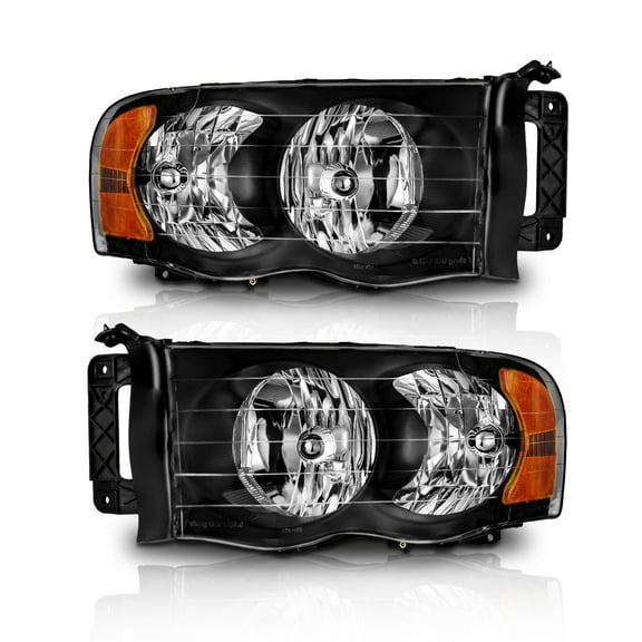 WEELMOTO Headlight for 02-05 Dodge Ram 1500 Pickup Headlamp for 03-05 Dodge Ram 2500/3500 Pickup Pair Black Housing Amber Reflector Left+Right Side