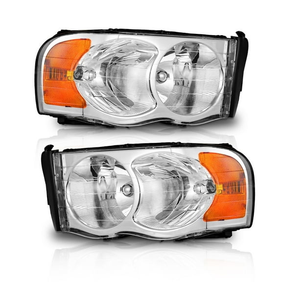 WEELMOTO Headlight for 02-05 Dodge Ram 1500 Pickup Headlamp for 03-05 Dodge Ram 2500/3500 Pickup Pair Chrome Housing Amber Reflector Left+Right Side