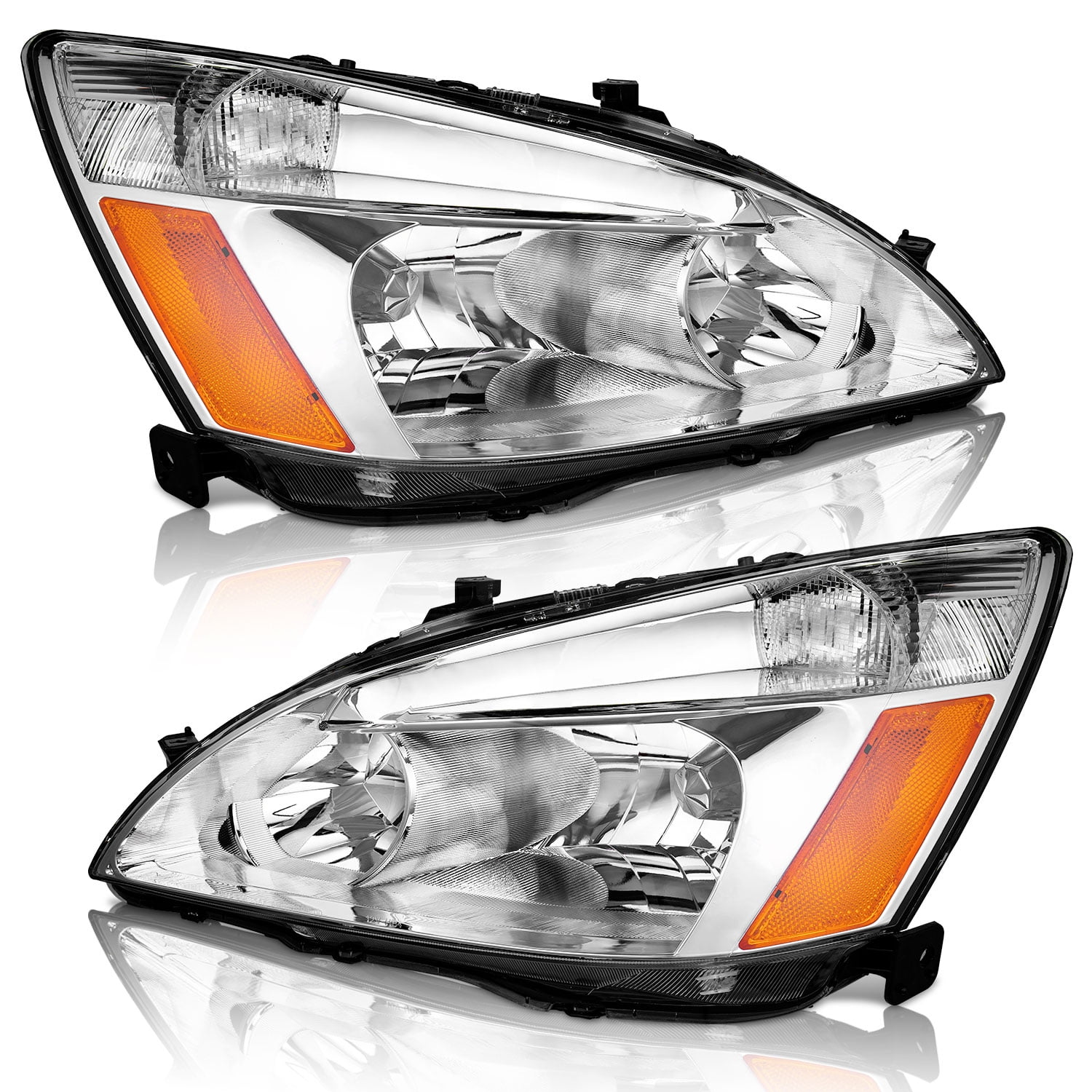 WEELMOTO Headlights for 2003-2007 Honda Accord, 03-07 Accord OE Headlamp Coupe/Sedan Chrome Housing Amber Reflector Left+Right Side 2/4-Door