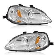 WEELMOTO for 1999-2000 Honda Civic 2/3/4 Door Headlights Models Headlight Pair Headlamp Chrome Housing Amber Reflector Left+Right Side