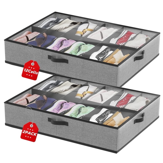 Riousery 2 Pack Under Bed Shoe Storage Organizer for Closet, Foldable Underbed Shoe Box Container, Holds up to 24 Pairs, Gray
