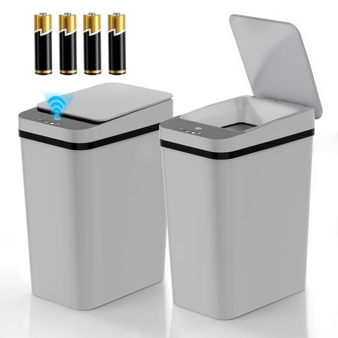 Riousery 2-Pack Touchless Bathroom Trash Can, 3.5-Gallon Slim Automatic Motion Sensor Garbage Can with Lid, Gray