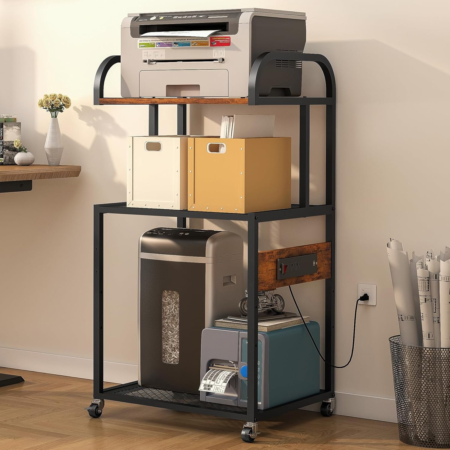 WEENFON Large Printer Stand, Tall Printer Table with Adjustable Shelf, 3Tier Printer Cart with