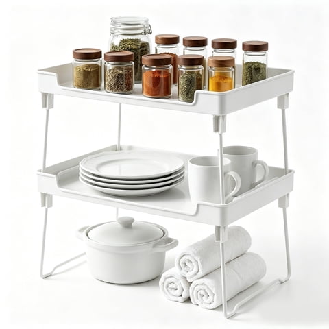 Riousery 2-Pack Stackable Cabinet Organizer Shelves, Foldable Kitchen Cabinet Storage Rack, PET Shelf with Stainless Steel Legs, 12.3" L x 8.8" W x 6.8" H, White