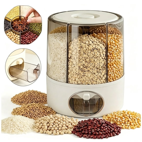 Riousery Rice and Grain Dispenser, 6-Compartment Dry Food Storage Container, 20 lbs Capacity, One-Press Dispensing, Clear