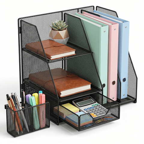 WEEUSE Mesh Desk Organizer with Drawer and 2 Pen Holders, Desktop Storage Rack for Office Supplies, Black