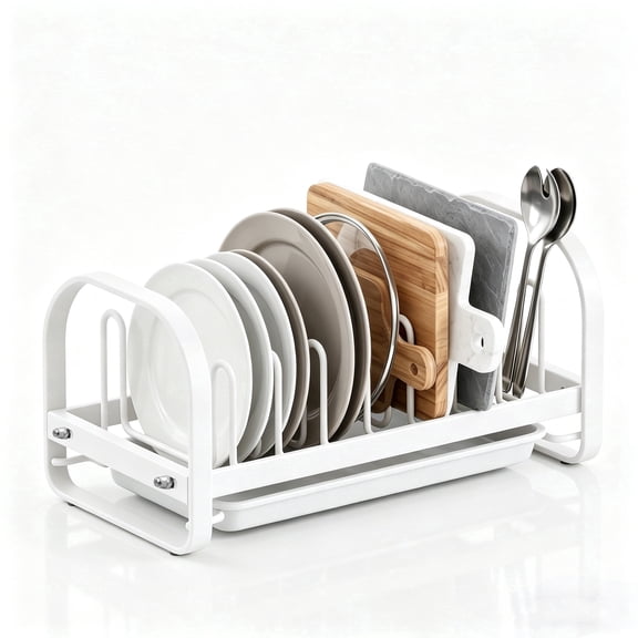 WEEUSE Dish Drying Rack with Drainboard, Compact Stainless Steel Dish Drainer for Small Kitchen Counter, White