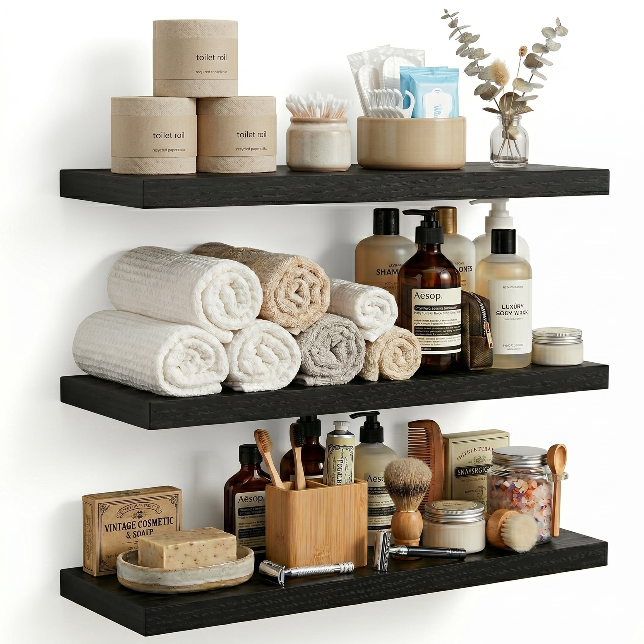 Riousery Floating Wall Shelves, Set of 3, 15.7" x 5.9" x 0.6", Black MDF Wood Wall Mounted Shelves for Bedroom, Bathroom, Living Room, Kitchen Storage & Display