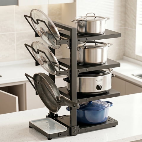 Riousery 7-Tier Pot and Pan Organizer Rack, Metal Cookware and Lid Storage with Drip Tray, Black