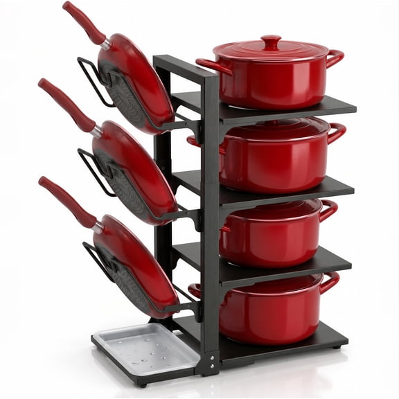 Riousery 7-Tier Pot and Pan Organizer Rack, Metal Cookware and Lid Storage with Drip Tray, Black