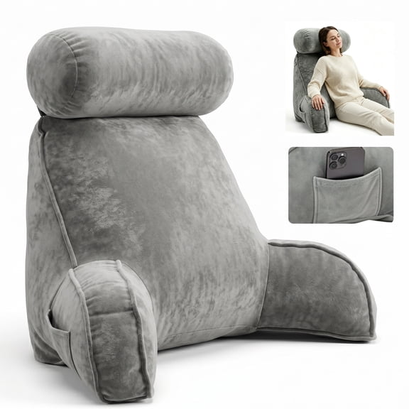 WEEUSE Reading Pillow with Arms and Semi-Round Neck Roll, Bed Rest Pillow for Sitting Up in Bed, Back Support Pillow with Phone Pocket for Reading, Watching TV and Gaming, Gray