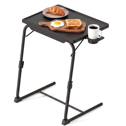 WEEUSE TV Tray Table with Cup Holders, Portable C-Shaped Side Dinner Tray Table, Adjustable 6 Heights & 3 Tilt Angle for Living Room, Bedroom, Black