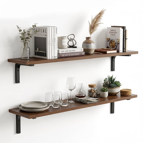 Riousery Wood Floating Shelves Set of 2, 23.6" Wall Mounted Shelves with Metal Brackets, Walnut Wall Shelves for Bathroom, Bedroom, Living Room, Kitchen