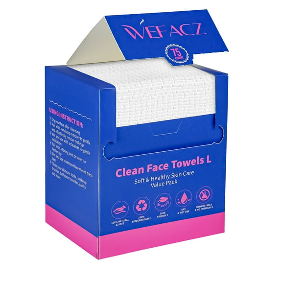WEFACZ 75 Count Disposable Face Towels, 8" x 10" 100% Biodegradable Face Skin Clean Washcloth for Sensitive Skin, Makeup, Cleansing, Nursing, Travel