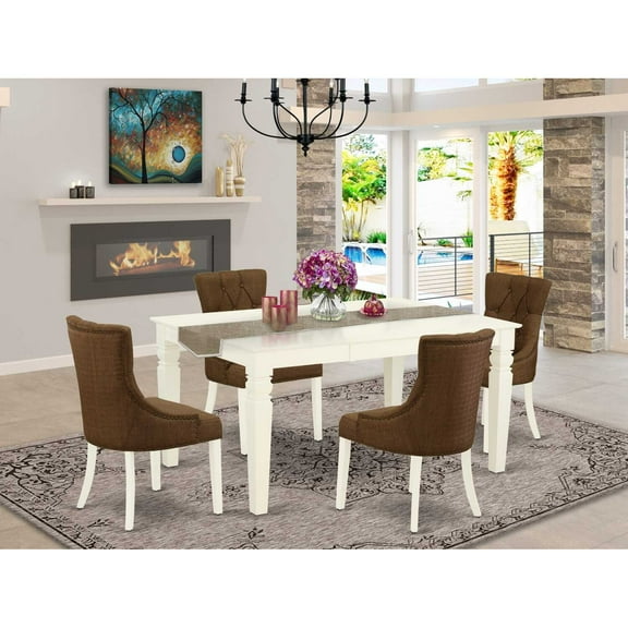 WEFR5-WHI-18 5Pc Dining Set Includes a Rectangle Dinette Table with Butterfly Leaf and Four Parson Chairs with Dark Coffee Fabric, White Finish