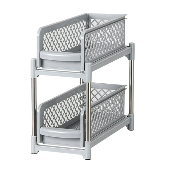 WEGFTDUOP 2-Tier Sliding Under-Sink Organizer, Gray/White Plastic Pull-Out Cabinet Basket Drawer Shelf, 14.76"x7.28"x14.57", Tool-Free Assembly, Bathroom Kitchen Pantry Storage Solution