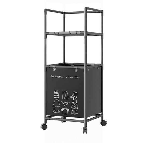 WEGFTDUOP 2-Tier Stainless Steel Bathroom Storage Rack with Dirty Clothes Basket, 41" Tall Organizer Shelf Over Toilet/Washer, Waterproof Rolling Laundry Station for Toiletries, Towels, Plants