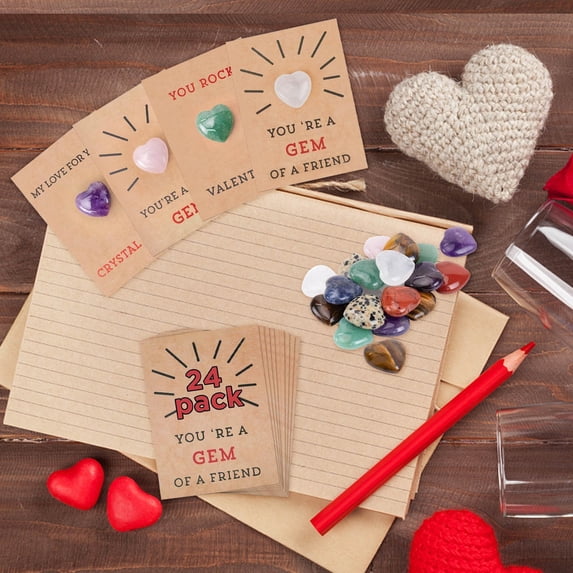 WEGFTDUOP 24 Pack Valentine's Day Greeting Cards Set with Natural Crystal Love Gemstone, Funny Valentine Exchange Card for Boys & Girls, Classroom School Party Favor