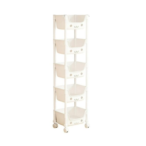 WEGFTDUOP 5-Tier Mobile Storage Rack with Lockable Wheels, 49.21x12.99x8.66 Inch 1-Pack White Plastic Organizer, Snack Toy Storage for Home Bedroom Living Room
