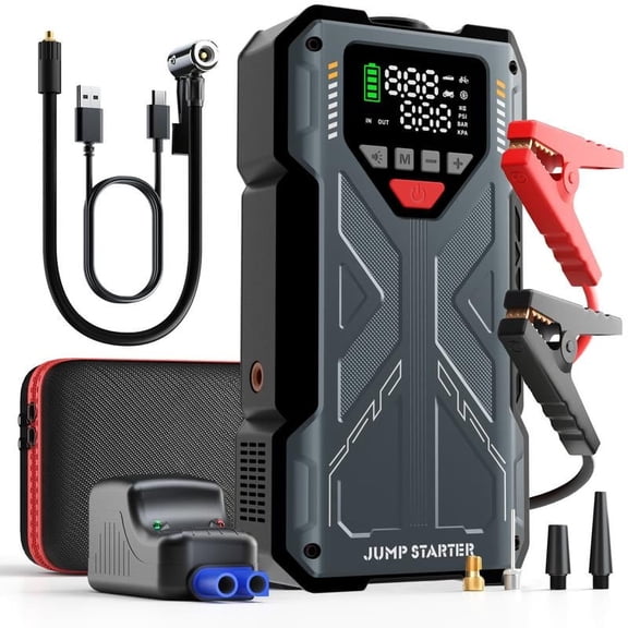 WEGFTDUOP 6000A Portable Car Jump Starter with Air Compressor - 150 PSI Tire Inflator, 12V Battery Jump Box for All Gas & 10L Diesel Engines, LCD Display Auto-Shutoff Charger Booster