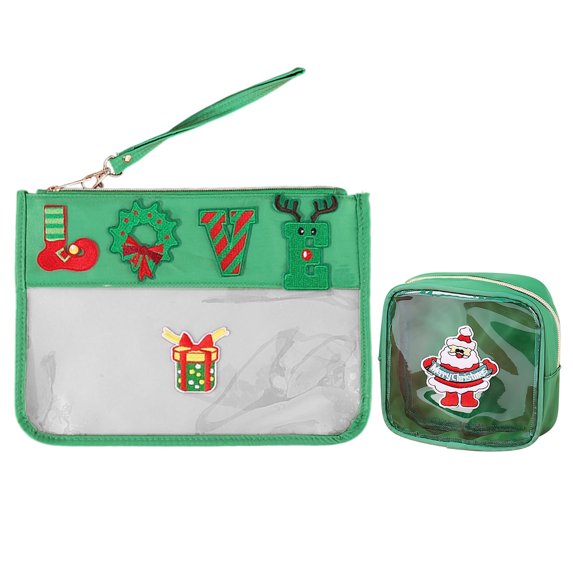 WEGFTDUOP Christmas Clear Makeup Bag Set - Festive Santa/Tree Embroidered Travel Toiletry Organizer