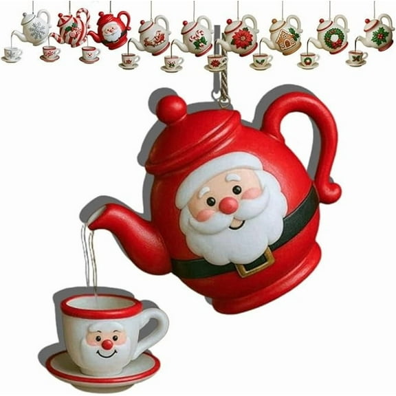 WEGFTDUOP Christmas Teapot Ornament Vintage Christmas Tea Cups Pot Festive Decor Holly Red Berries Tea Decor With Pouring Tea Effect Gift For Teas Lovers Holiday Products