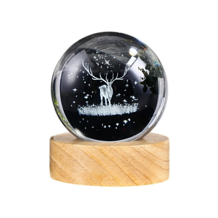 WEGFTDUOP Christmas Tree Crystal Lights And Reindeer Crystal Ball Stereo Engraved Night Light With Wooden Base Unique Christmas Decor Or Gift Christmas Holiday Products