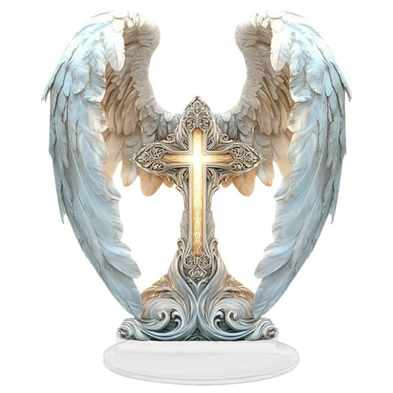 WEGFTDUOP Cross Angel Figurines with Wings - Gorgeous Acrylic Boho, Gracefully Wings Wrap Around The Cross Desk Decor for Office/Living Room