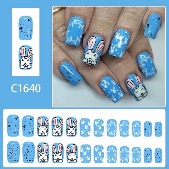 WEGFTDUOP Easter Bunny Press On Nails, Cute Floral Fake Nails 24pcs with Adhesive Tabs