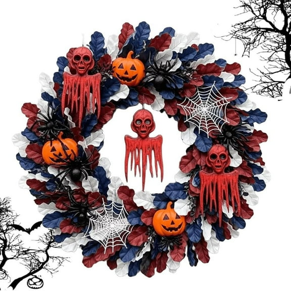 WEGFTDUOP Halloween Decoration Halloween Spooky Door Wreath Ghost Pumpkin With Bats Wreath Front Decoration Spooky Hanging Door Sign Garland Halloween Indoor Outdoor Decoration