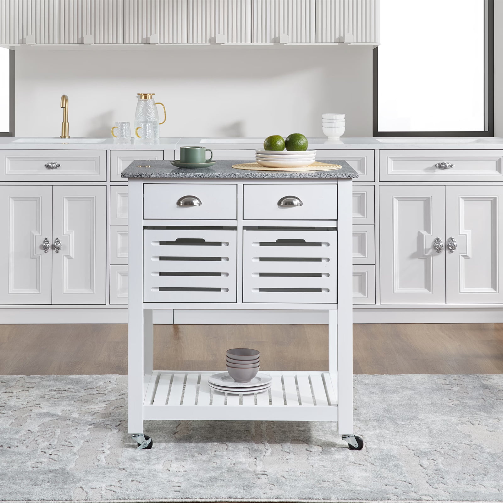 WEGFTDUOP Kitchen Island Cart with Storage, Mobile Rolling Kitchen Island on Wheels, Trolley Serving Cart with Underneath Drawer & Slide-Out Wire Storage Basket for Kitchen, Dinning Room