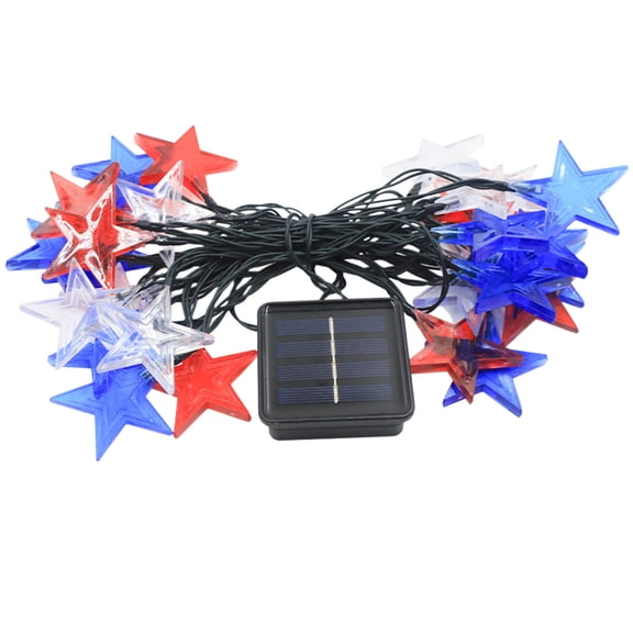 WEGFTDUOP Patriotic 4th Of July Star String Lights 21FT 30 LED Red White Blue Star Solar Lights String Waterproof Patriotism Light For Independence Day Outdoor Holiday Decor