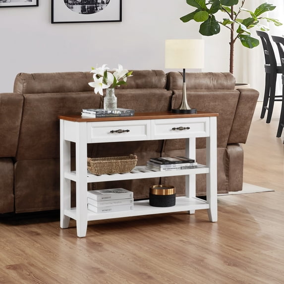 WEGFTDUOP Retro Pine Wood Console Table with 2 Drawers & Open Shelves - Solid Wood Entryway Table for Living Room and Hallway